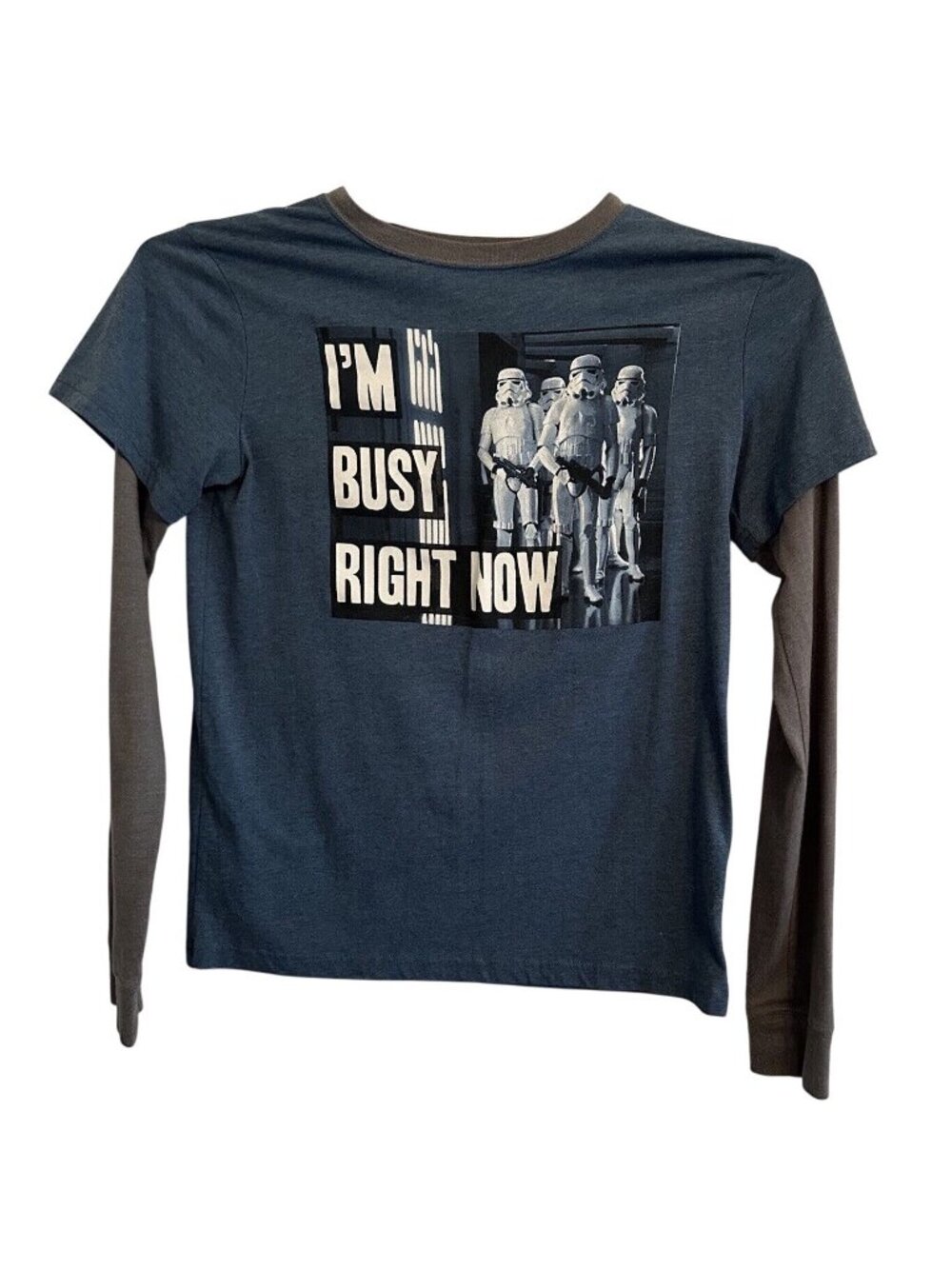 Storm Trooper Tee Youth 2XL Blue Grey I’m Busy Right Now Star Wars Long Sleeve - Picture 2 of 10